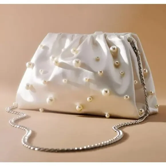 Anthropologie BHLDN Frankie Clutch Pearl Edition White Bridal Black Tie - Picture 2 of 12